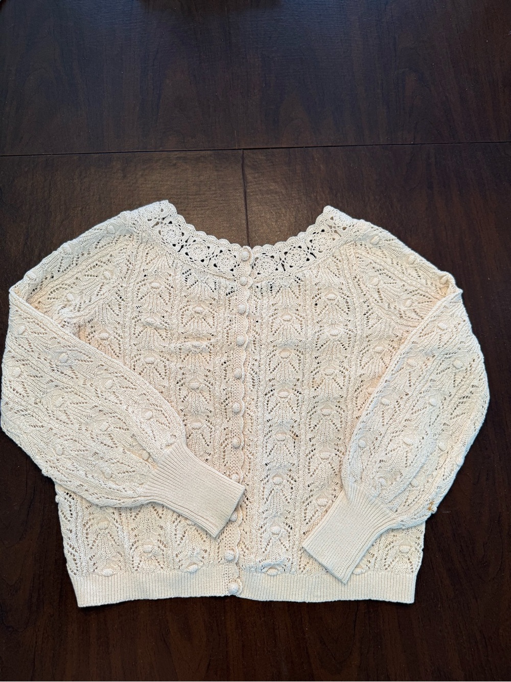 Sezane Cream Lace Button-Front Scoop-Neck Sweater